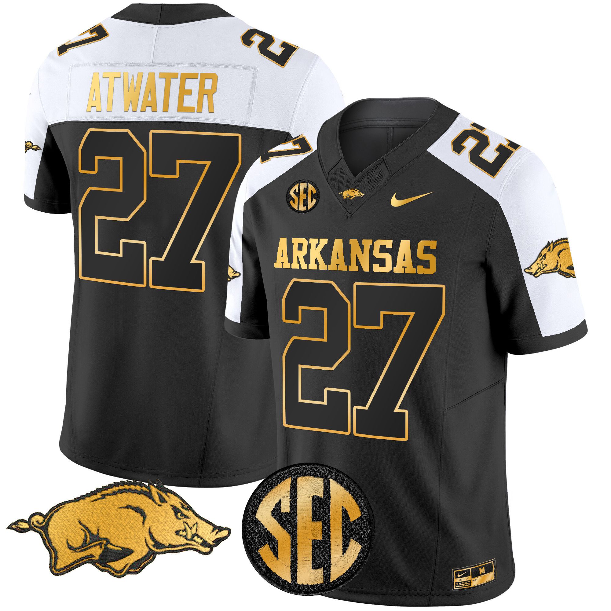 Men Arkansas Razorbacks 27 Atwater Black Nike 2024 Gold Vapor Limited NCAA Jersey